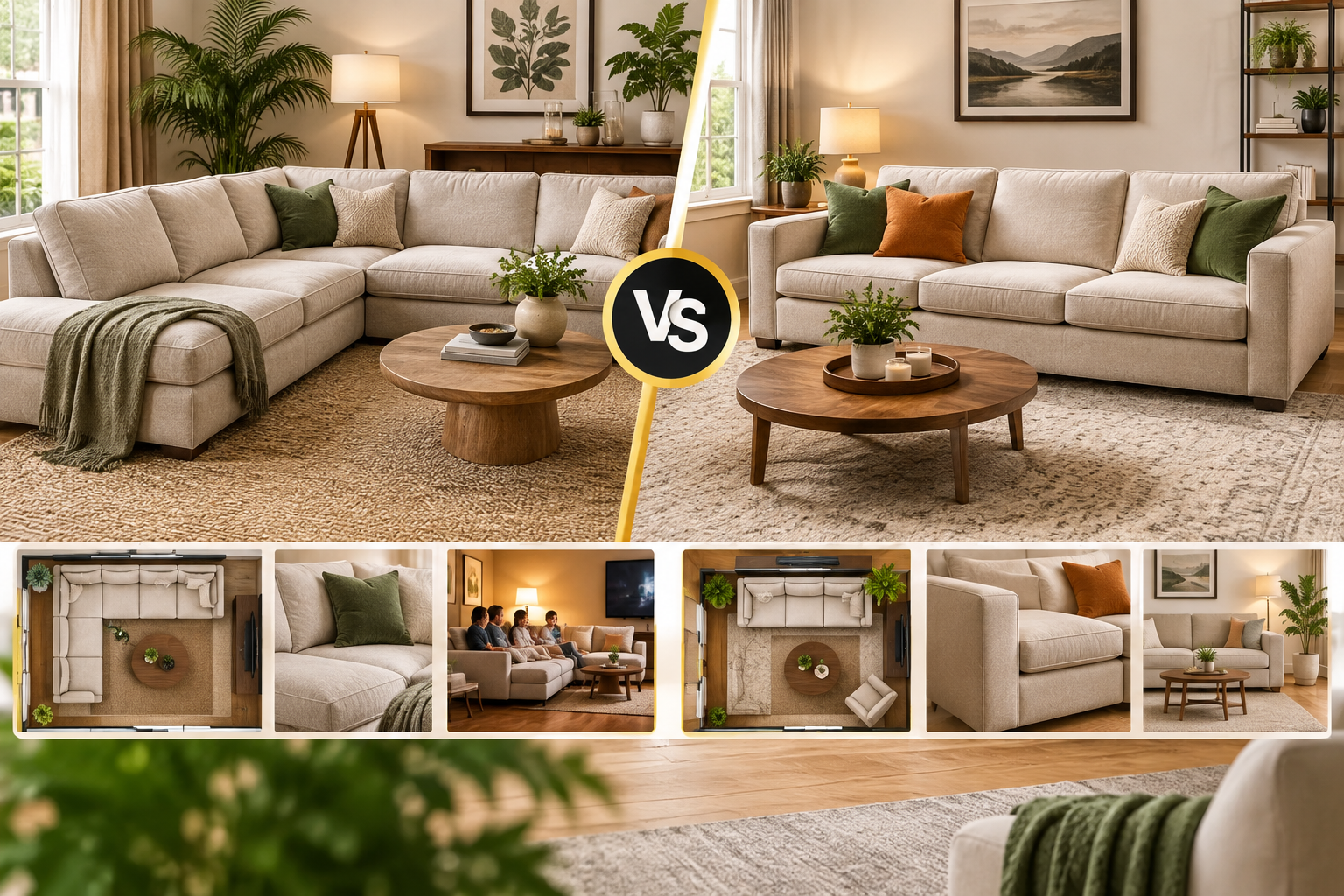 Comparison of a standard sofa and sectional sofa in modern living rooms, showing differences in room size, seating capacity, layout flexibility, and overall design.