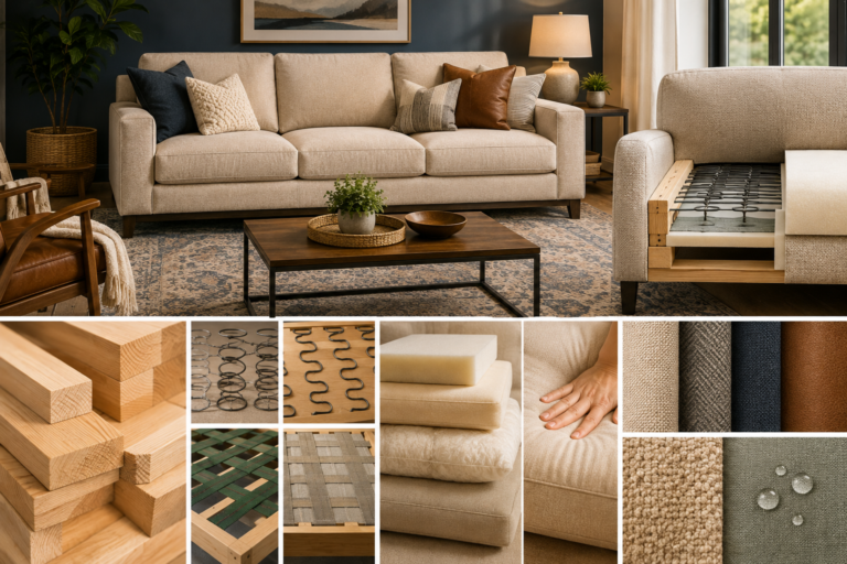 Modern living room with a quality sofa and subtle visual details showing durable frame construction, suspension springs, cushion foam, and upholstery materials.