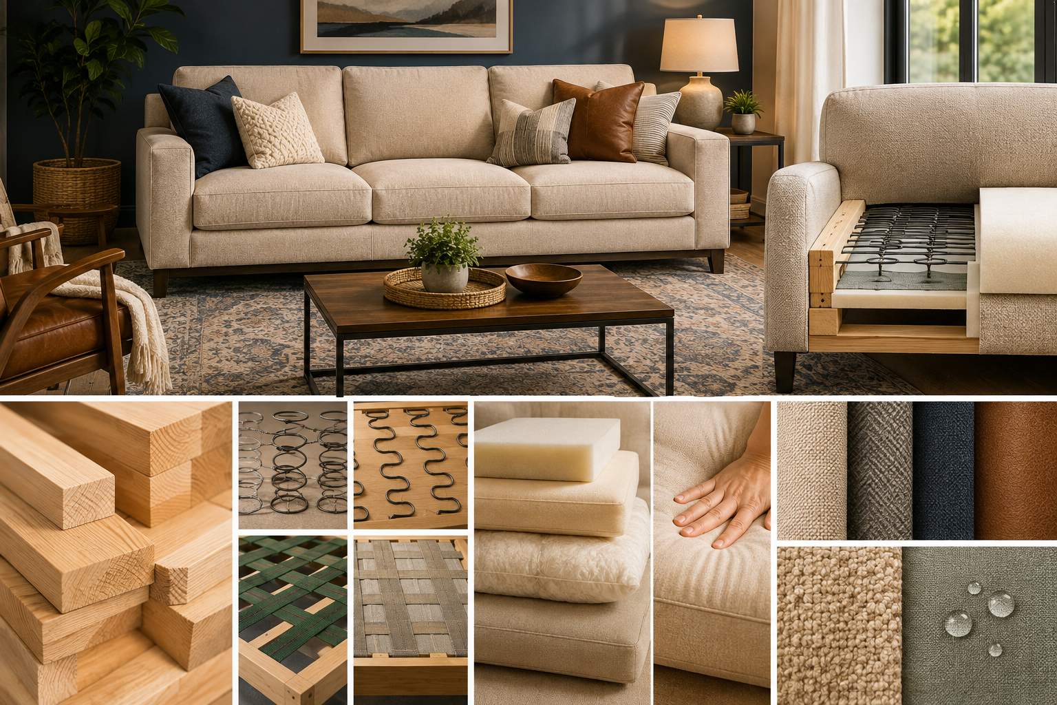 Modern living room with a quality sofa and subtle visual details showing durable frame construction, suspension springs, cushion foam, and upholstery materials.