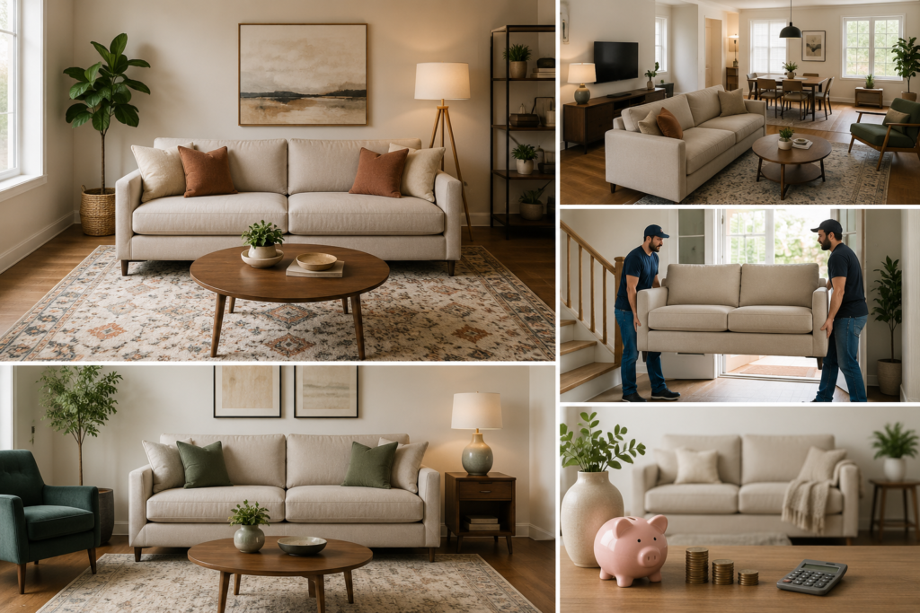 Classic standard sofa in versatile modern living rooms, showing compact-space suitability, flexible layouts, easy moving, timeless styling, and budget-friendly furnishing.