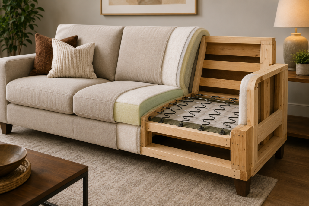Featured image showing a sofa with its upholstery partially opened to reveal the sturdy wooden frame, reinforced joints, support rails, springs, and internal construction that determine long-term durability.