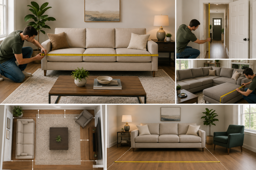 Measuring a standard sofa, sectional, doorways, and living-room clearance with a tape measure before buying furniture.