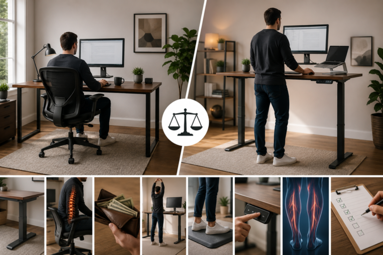 Home office comparison showing a traditional seated desk and height-adjustable standing desk, with ergonomic posture, movement, desk adjustment, and workspace setup details.