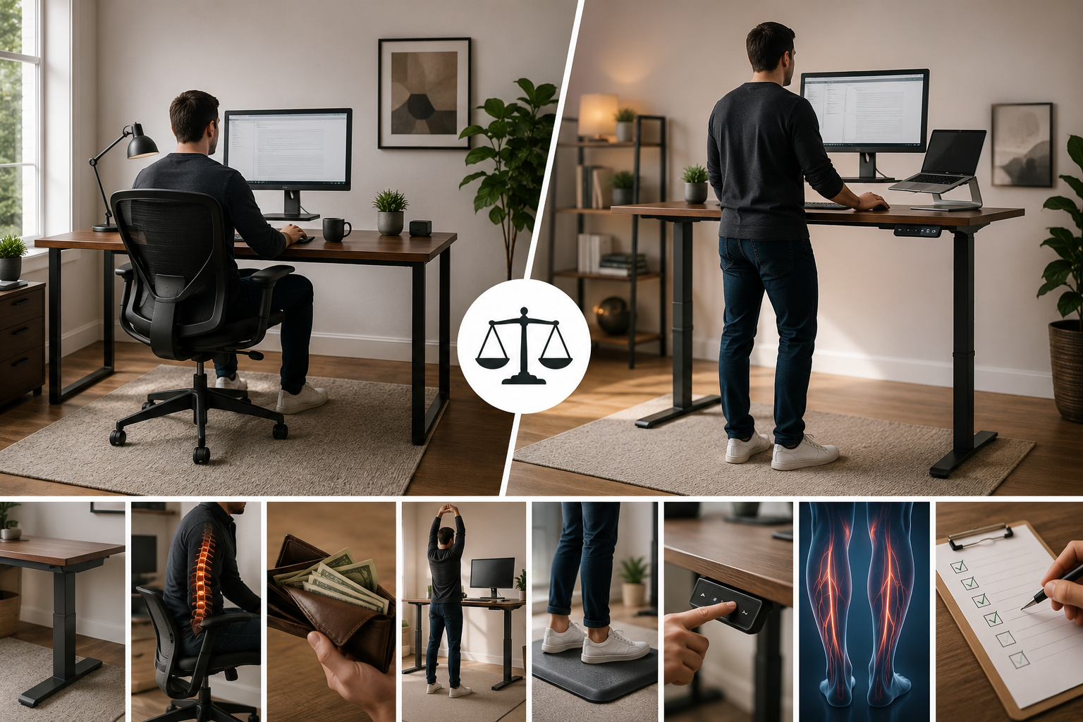 Home office comparison showing a traditional seated desk and height-adjustable standing desk, with ergonomic posture, movement, desk adjustment, and workspace setup details.