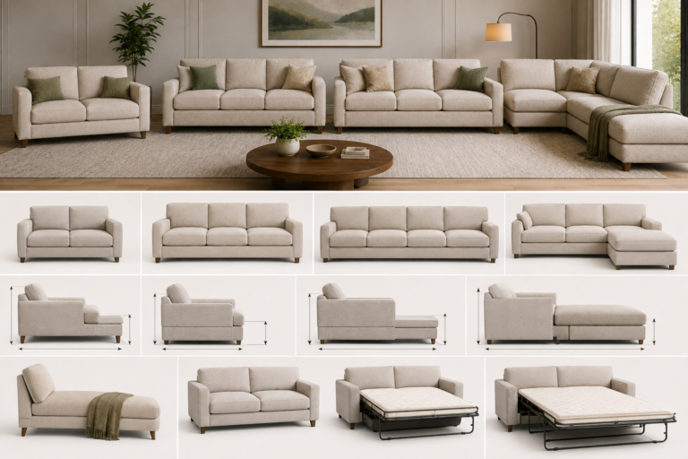Featured image showing different sofa sizes and configurations, including loveseat, standard sofa, large sofa, sectional, chaise, and sleeper sofa, with visual comparisons of their proportions and dimensions.