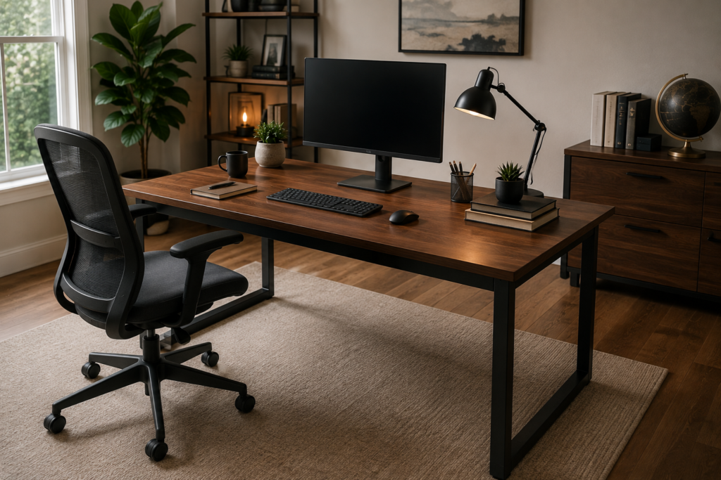 Traditional sitting desk in a stylish home office with a sturdy wooden surface, ergonomic chair, monitor, desk lamp, plants, and organized workspace.