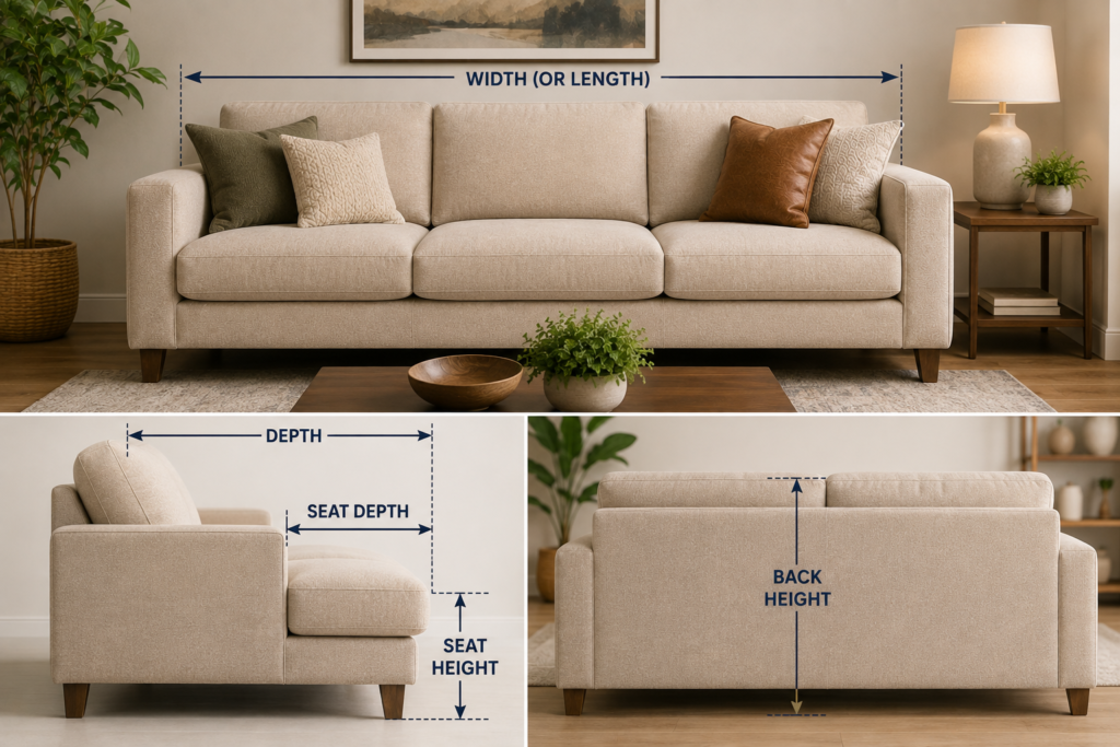 Clean featured image showing a modern sofa with visual measurement guides for overall width, depth, seat depth, seat height, and back height.