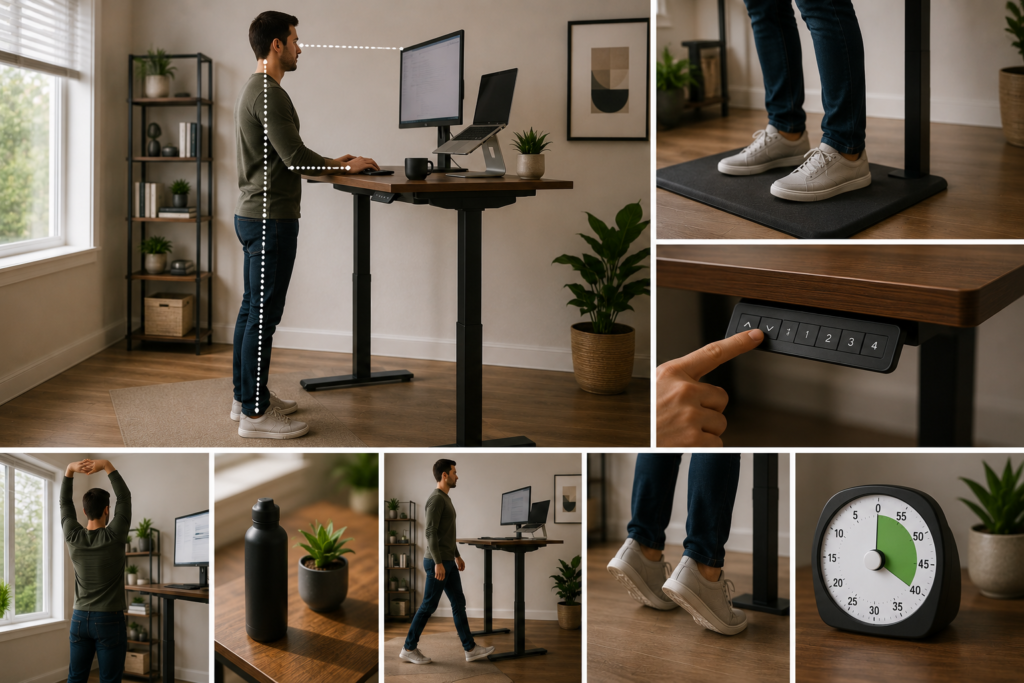 Proper standing desk setup showing ergonomic posture, gradual standing intervals, monitor alignment, anti-fatigue mat use, desk height controls, stretching, and walking breaks.