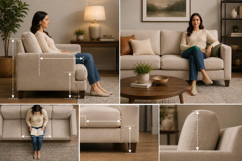 Clean featured image showing a comfortable sofa with visual guides highlighting seat height, seat depth, overall depth, and back height to illustrate how these dimensions affect everyday sitting comfort.