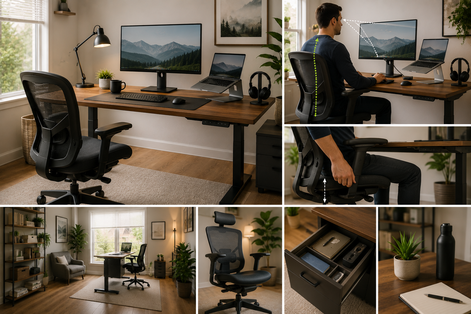 Productive home office setup with an ergonomic chair, adjustable desk, properly positioned monitor, natural lighting, organized workspace, plants, and minimal distractions.