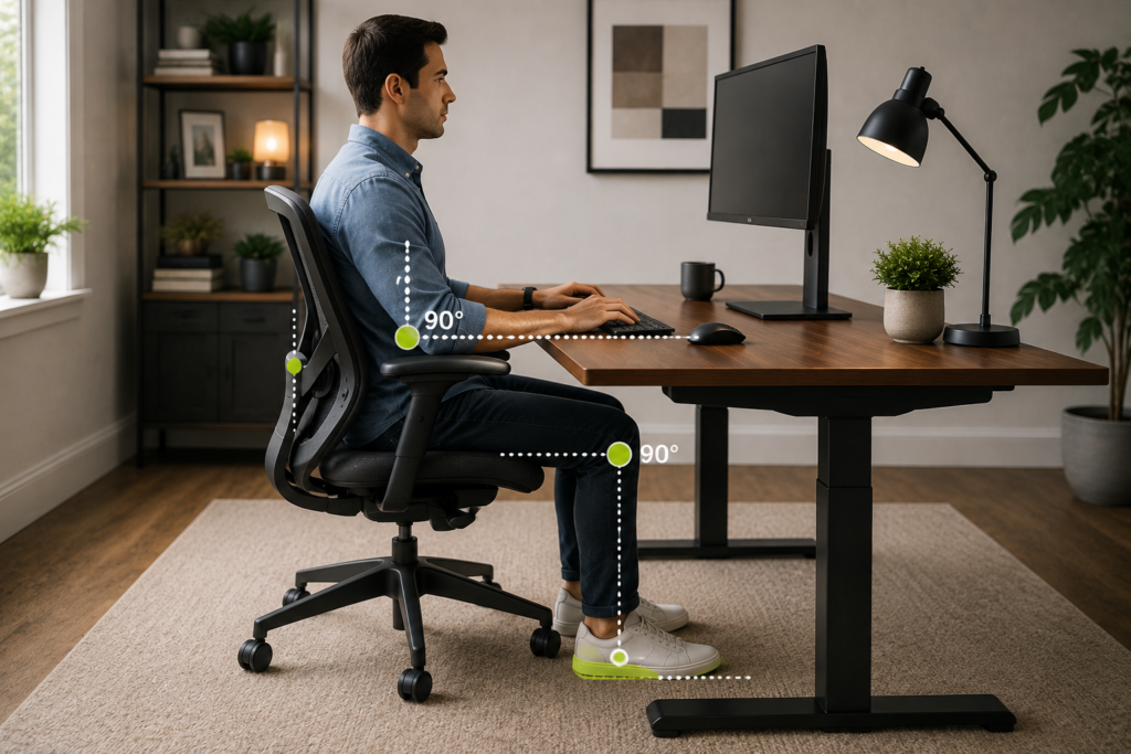 Ergonomic office chair height setup showing proper seated posture, supported lower back, level thighs, feet resting on the floor, and comfortable arm position at the desk.