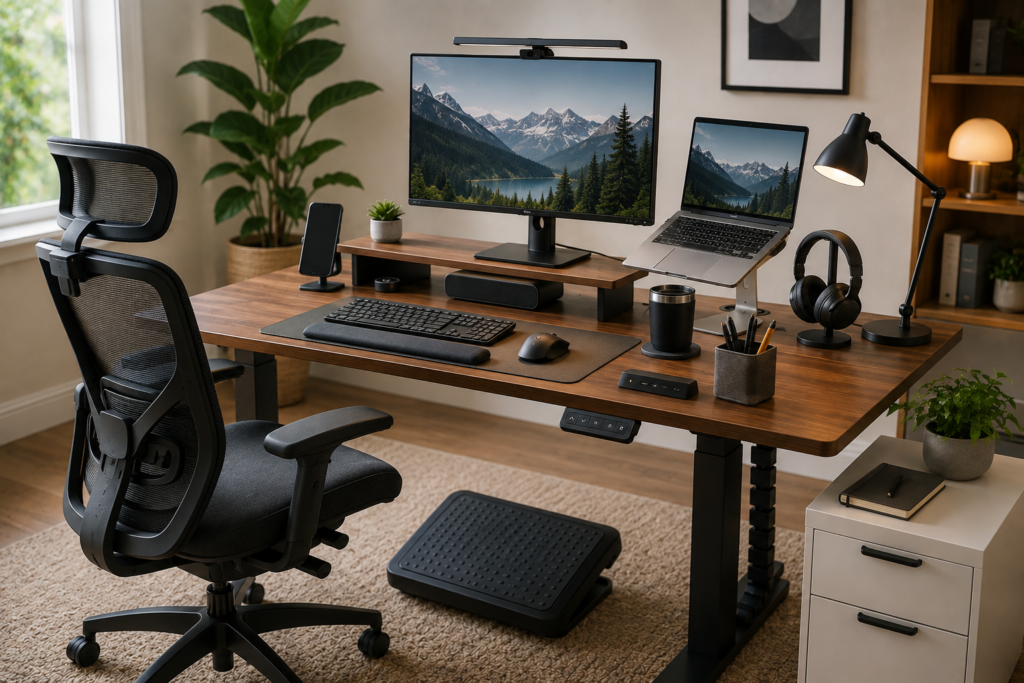Modern home office featuring essential accessories including a monitor arm, ergonomic keyboard setup, supportive lumbar chair, desk mat, task lighting, and organized workspace.