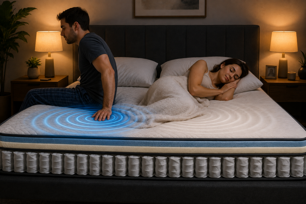 Featured image showing a couple on a motion-isolating mattress, with one partner moving while the other sleeps peacefully, illustrating how memory foam and individually wrapped coils reduce motion transfer.