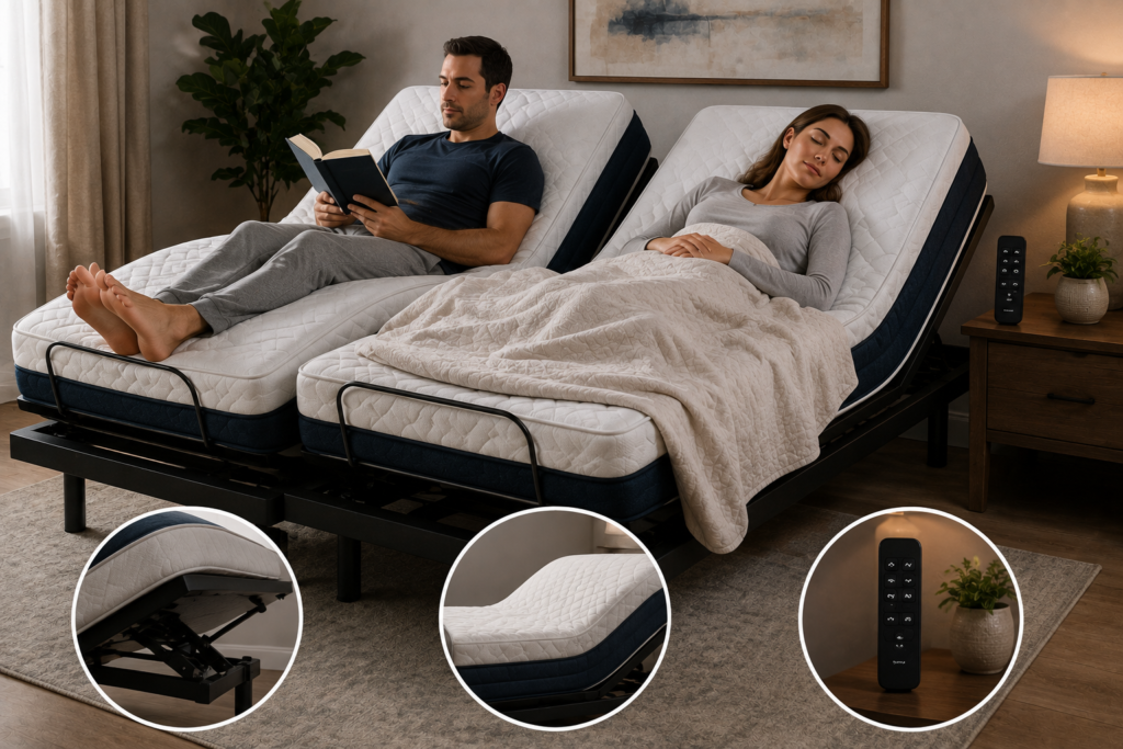 Featured image showing a split adjustable bed with each side independently positioned, illustrating how different firmness settings can affect comfort and create an uneven center between partners.