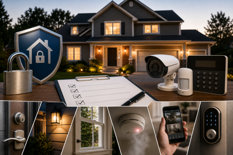 Featured image showing a secure modern home with door locks, exterior lighting, security camera, motion sensor, smoke detector, smart lock, and home security monitoring elements.