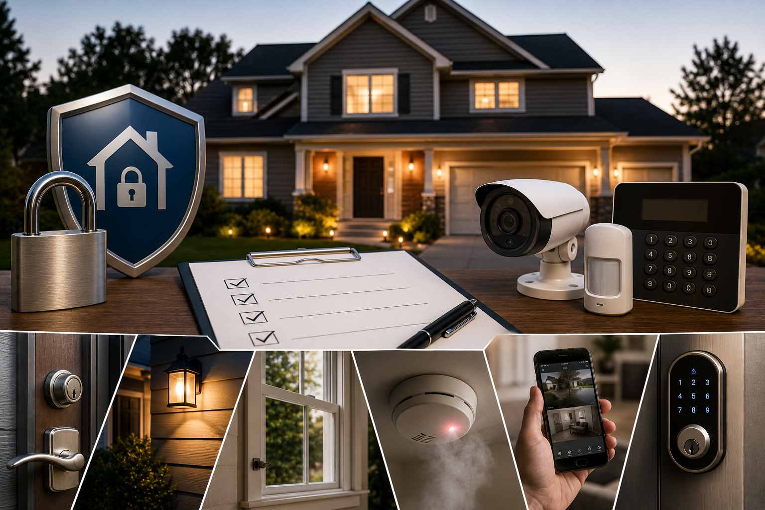Featured image showing a secure modern home with door locks, exterior lighting, security camera, motion sensor, smoke detector, smart lock, and home security monitoring elements.