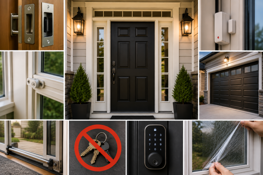 Featured image showing a secure home entrance with reinforced door hardware, window locks, sliding-door security bar, garage door, entry sensor, smart keypad lock, and security window film.
