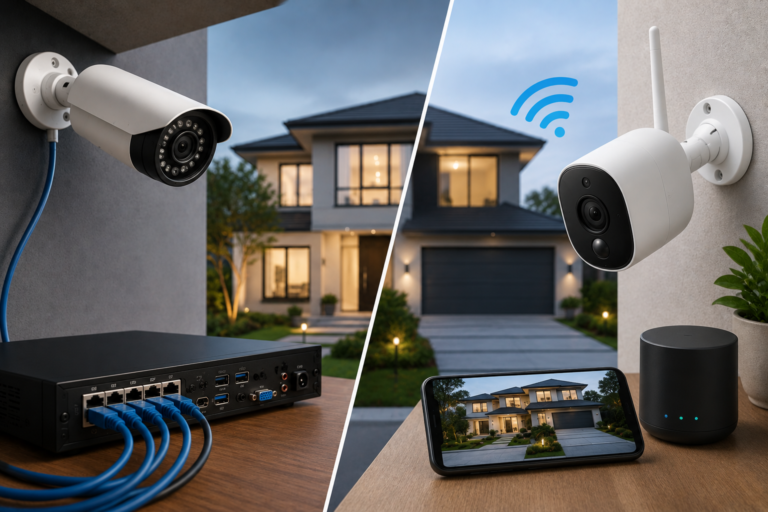 Wired and wireless home security camera systems compared on a modern American home, showing a wired camera with DVR and cables alongside a wireless Wi-Fi camera and smartphone monitoring.