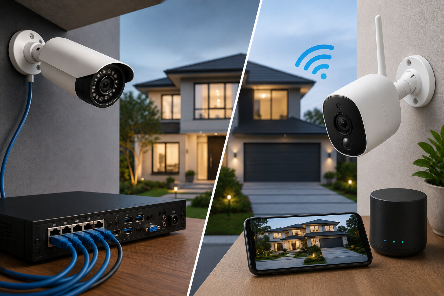 Wired and wireless home security camera systems compared on a modern American home, showing a wired camera with DVR and cables alongside a wireless Wi-Fi camera and smartphone monitoring.