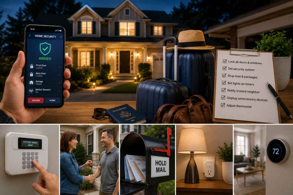 Featured image showing a home being secured before vacation with locked entry points, an armed security system, smart lighting, held mail, a trusted neighbor, and travel luggage ready for departure.