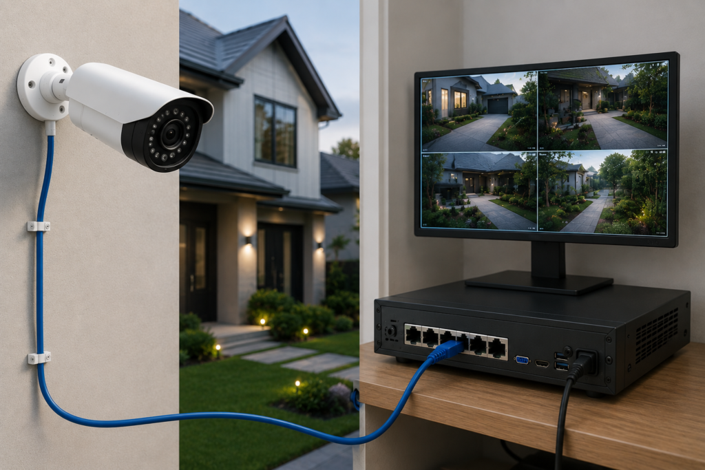 Wired security camera connected by Ethernet cable to an indoor NVR recorder and monitoring screen in a modern American home.