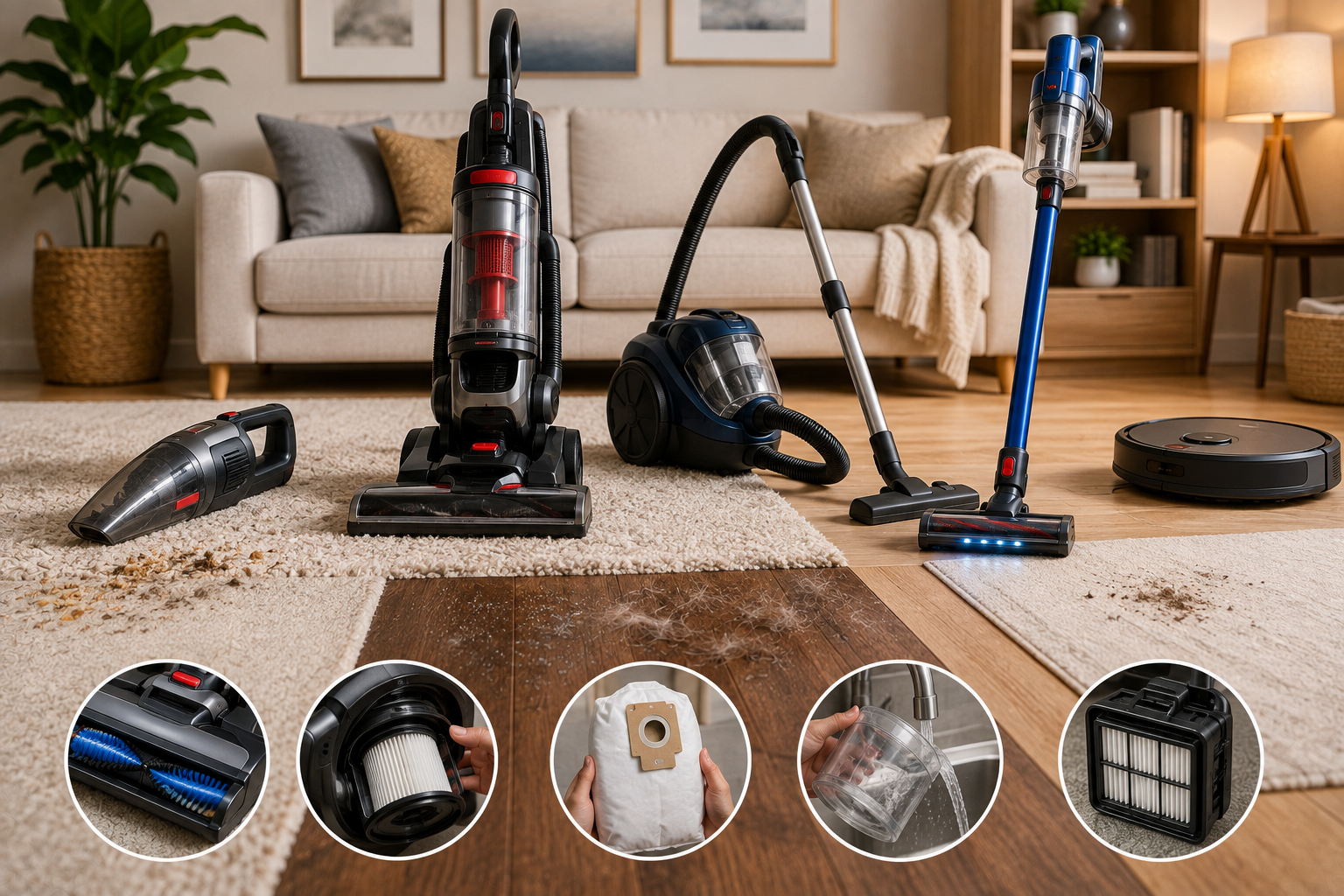 Featured image showing upright, canister, stick, handheld, and robot vacuum cleaners in a modern home, with carpet, hardwood, pet hair, filtration, brush roll, and dust-collection features represented visually.