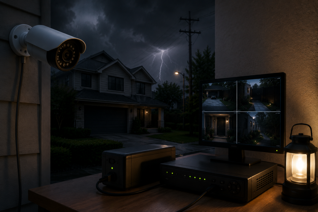 Home security camera system operating during a nighttime power outage, with a UPS backup, NVR recorder, surveillance monitor, and outdoor camera during a storm.