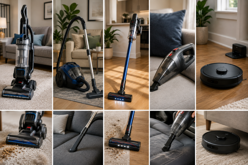 Featured image showing the five major vacuum types—upright, canister, stick, handheld, and robot—used across carpets, hardwood floors, upholstery, stairs, and tight spaces.