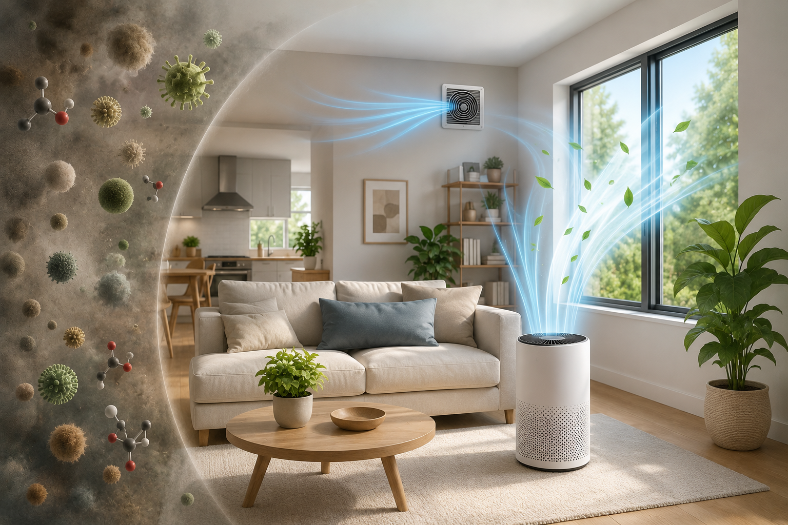 Modern American home with an air purifier, fresh ventilation airflow, and visualized indoor pollutants including dust, allergens, and airborne particles.