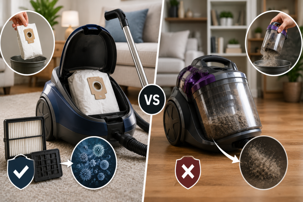 Featured image comparing bagged and bagless vacuum cleaners, showing sealed dust bags, reusable debris bins, filtration, allergen containment, and the different emptying methods.