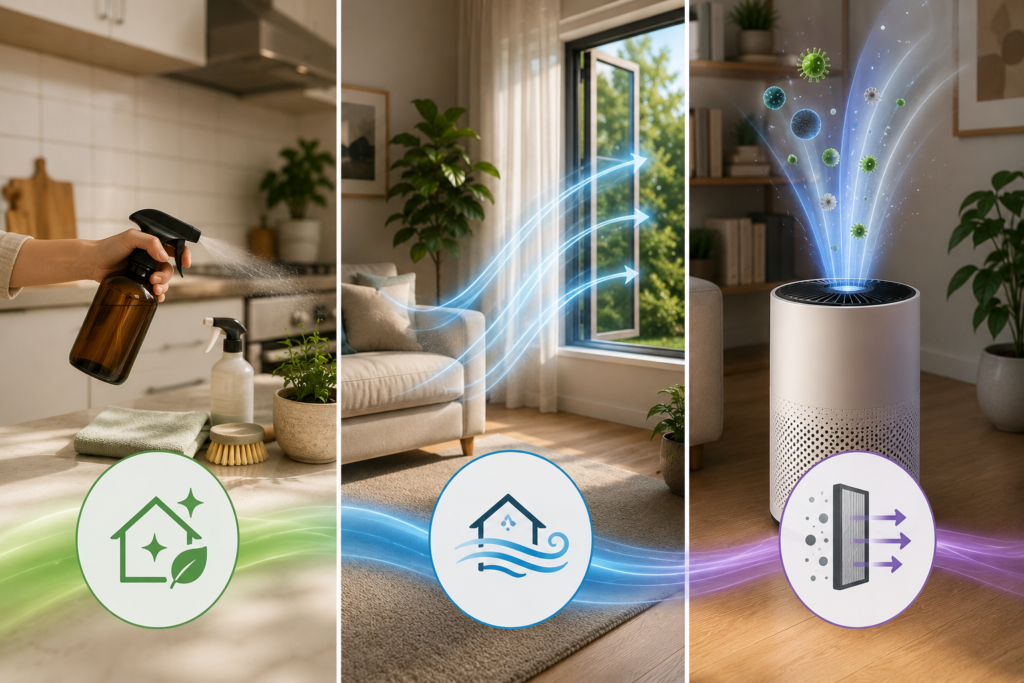 Three-pillar indoor air quality approach showing pollution source control, fresh-air ventilation, and air filtration with a HEPA purifier in a modern American home.