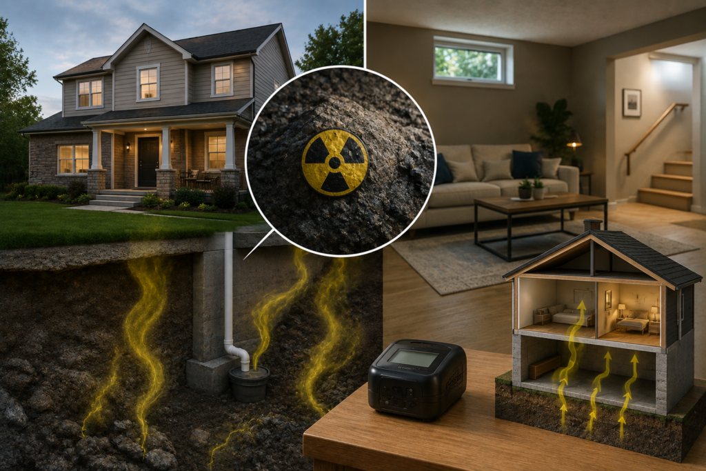 Radon gas rising from soil through a home’s foundation into the basement, with a radon detector shown inside a modern American house.
