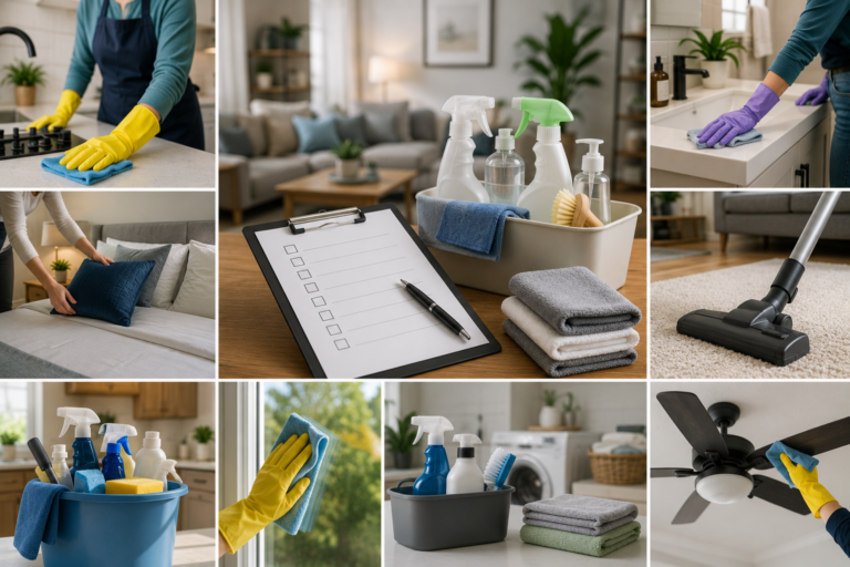 Featured image showing a clean modern home with organized cleaning supplies and simple scenes of kitchen, bedroom, bathroom, floor, window, laundry, and ceiling-fan cleaning.