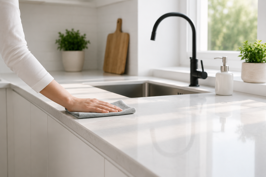 Bright minimalist kitchen with a person wiping the countertop as part of a simple daily cleaning routine, illustrating how small habits help prevent mess from building up.