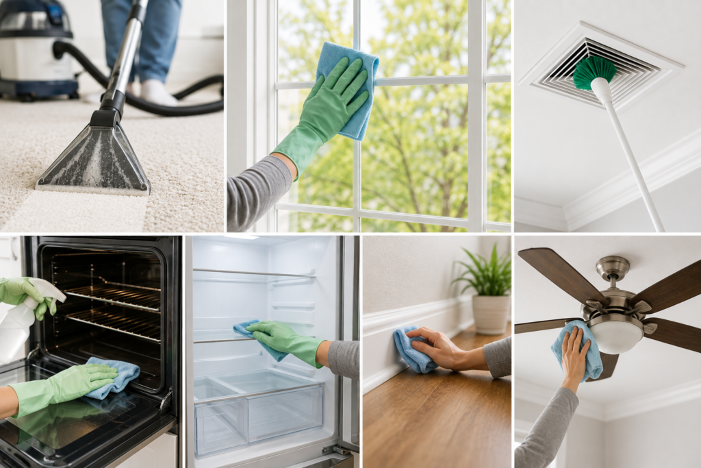 Clean featured image showing seasonal deep-cleaning tasks including carpet cleaning, window washing, vent dusting, appliance cleaning, baseboard wiping, and ceiling-fan cleaning.