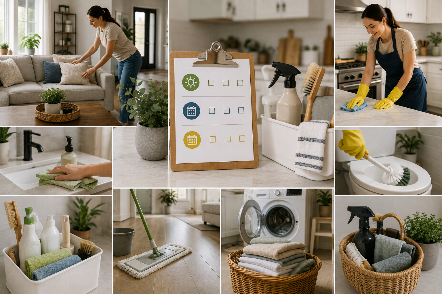 Cleaning schedule for a modern American home showing daily, weekly, and monthly cleaning routines with kitchen, bathroom, living room, floors, laundry, and organized cleaning supplies.