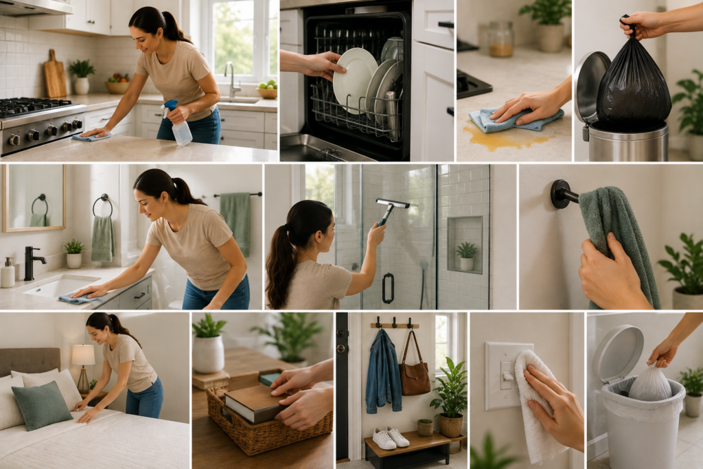 Daily 10 to 15 minute home cleaning routine showing kitchen counters, dishes, bathroom surfaces, shower, towels, bed making, clutter organization, and trash removal.