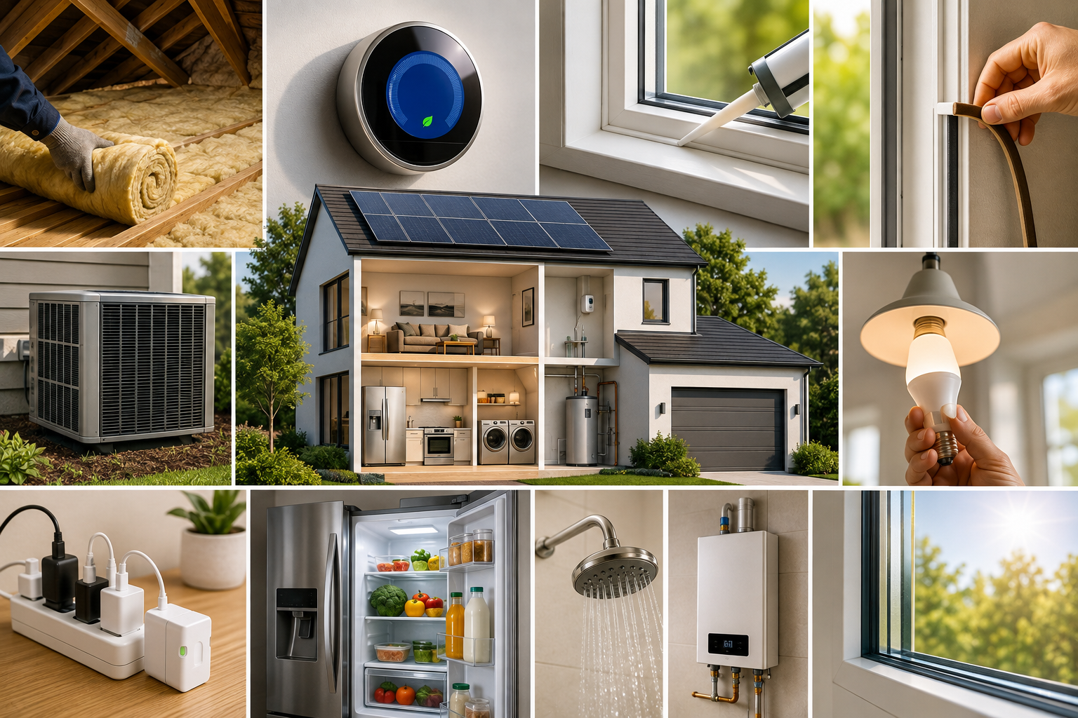 Featured image showing a modern energy-efficient home with HVAC, insulation, sealed windows and doors, LED lighting, smart power controls, efficient appliances, and water heating systems.