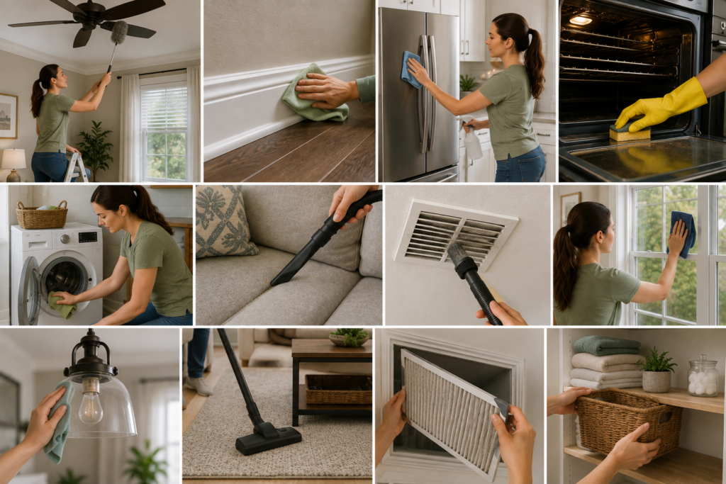 Monthly home cleaning routine showing overlooked tasks such as cleaning ceiling fans, baseboards, appliances, windows, vents, upholstery, light fixtures, and air filters.