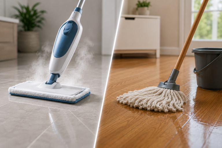 Steam mop and traditional mop compared side by side on different hard floors in a modern American home, showing steam cleaning versus conventional mopping