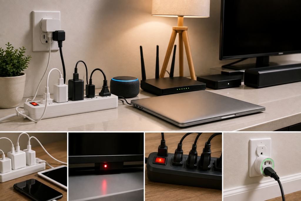 Clean featured image showing home electronics, chargers, a power strip, smart plug, router, laptop, TV, and standby indicator lights, illustrating phantom energy use and practical power management.