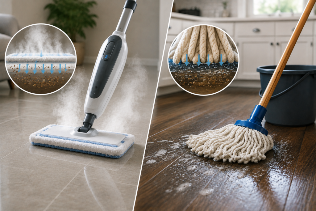 Steam mop using heated steam to loosen floor grime compared with a traditional mop using water and mechanical scrubbing to clean a hard floor.
