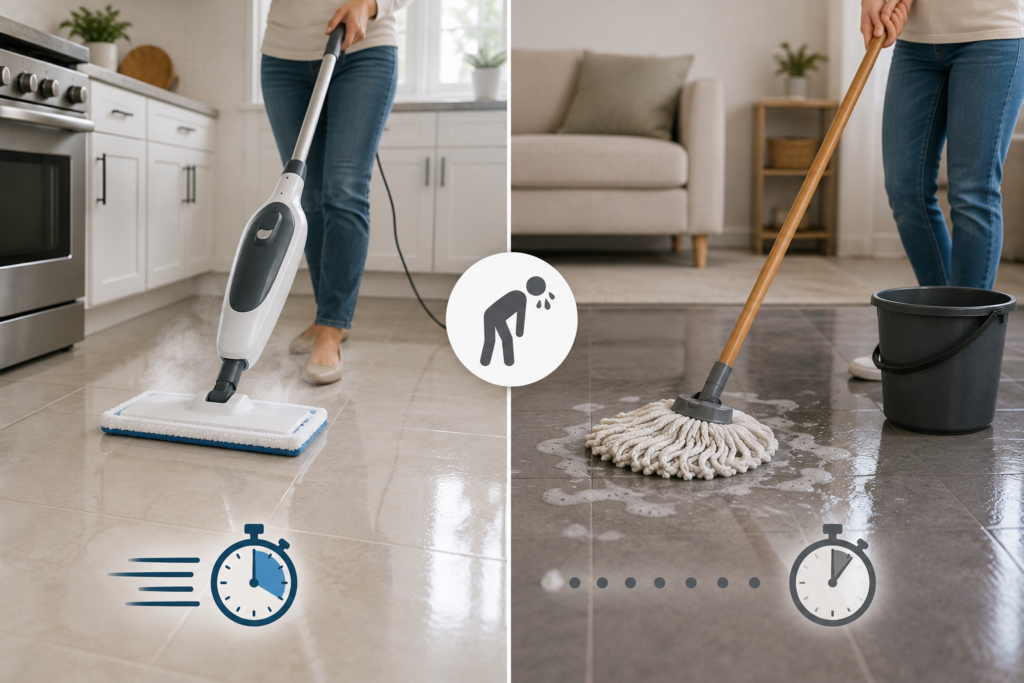 Steam mop and traditional mop compared for cleaning effort, speed, and floor drying time in a modern American home.