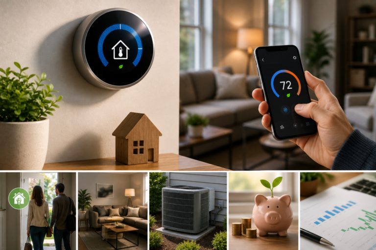 Featured image showing a smart thermostat in a modern home, with remote temperature control, HVAC equipment, energy monitoring, and household energy-saving benefits