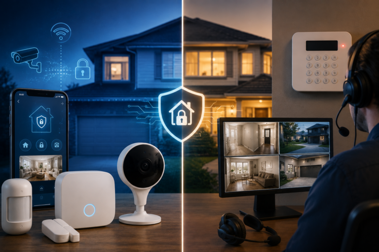 Smart DIY home security system compared with a traditional professionally monitored alarm system, showing cameras, sensors, app control, alarm keypad, and monitoring station.