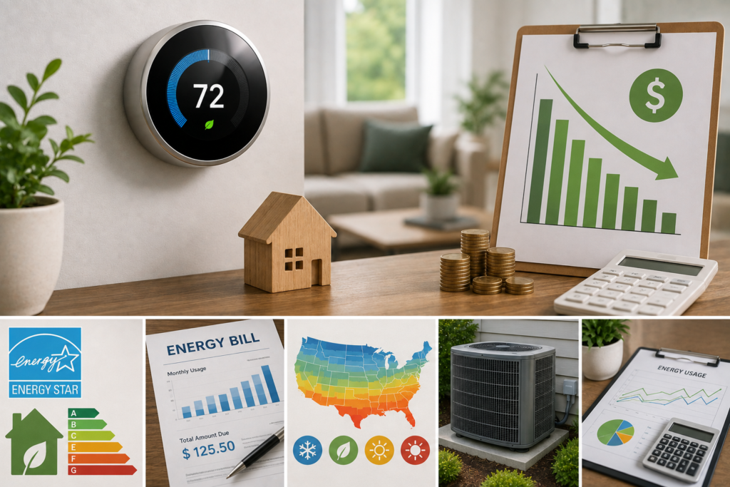 Featured image showing a smart thermostat, home energy bill, savings chart, coins, HVAC system, and energy-use data to illustrate realistic heating and cooling savings.