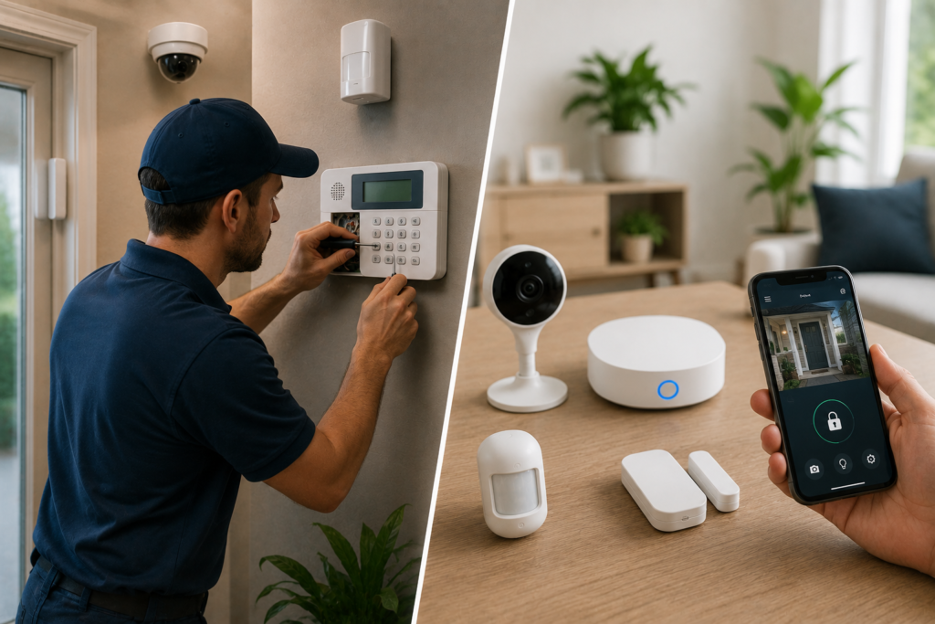 Professional traditional home security installation compared with a flexible DIY smart security setup using wired sensors, a control panel, wireless devices, and smartphone app control.