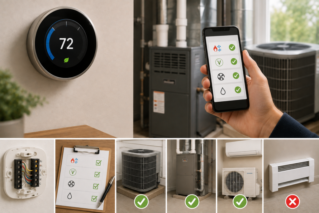 Featured image showing a smart thermostat with HVAC equipment, thermostat wiring, and compatibility checks for heating, cooling, ventilation, and different HVAC system types.