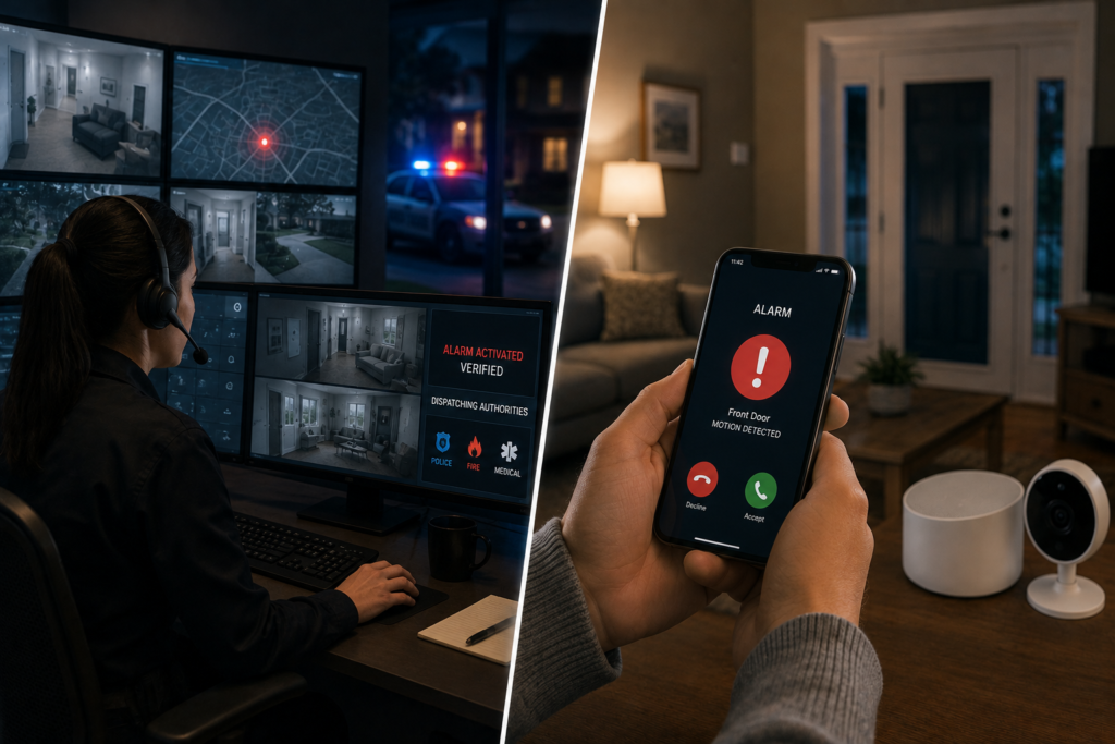 Professional security monitoring center verifying a home alarm and dispatching emergency responders compared with a homeowner receiving a security alert on a smartphone.