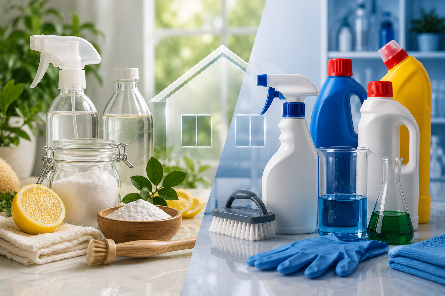 Featured image comparing natural and chemical cleaning products side by side, with plant-based ingredients and gentle supplies contrasted against conventional cleaning bottles and tools.